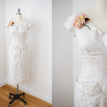 Vintage 1950s/1960s Silk Dress by Adele Simpson | S/M | 50s/60s White Silk Satin Jacquard Wiggle Sheath Dress | Wedding Dress | Bridal Gown 