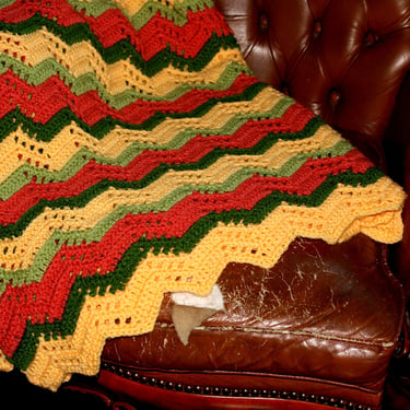 vintage crocheted afghan chevron pattern in green yellow and orange 