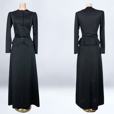 VINTAGE 70s Black Long Sleeve Peplum Waist Maxi Dress S/M | 1970s Gothic Hostess Gown | VFG 