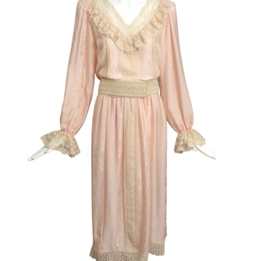 OSCAR DE LA RENTA- 1970s Pink SIlk Jacquard & Lace Ensemble, Size 10