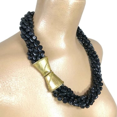 VINTAGE 60s Black 8 Strand Beaded Torsade Necklace with Large Gold Clasp | 1960s Mid Century Chunky Statement Twist Necklace | VFG 