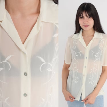 Sheer Cream Blouse 90s Floral Embroidered Top Button up Shirt Leaf Flower Embroidery Boho Summer Hippie Short sleeve Vintage 1990s Small S 