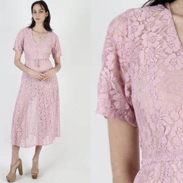 1990s Pink Grunge Pale Sheer Lace Dress / 90s Full Skirt Gypsy Maxi With Matching Belt / Vintage Gothic See Through Material 