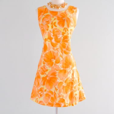 Eye-Catching 1960's Orange Crush Floral Romper Dress / Sz M