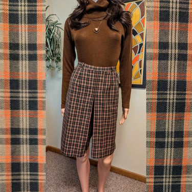 Vintage 1950s-1960s Autumn Plaid Cotton Split Skirt Culottes  / orange brown taupe black / XXSmall - XSmall / 50s 60s Fall Academia 