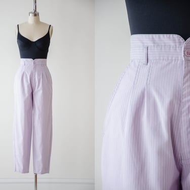 high waisted pants | 80s 90s vintage pastel lavender purple green striped pleated cotton trousers 