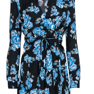 Reformation - Black & Blue Rose Print Long Sleeve Wrap Dress Sz PL
