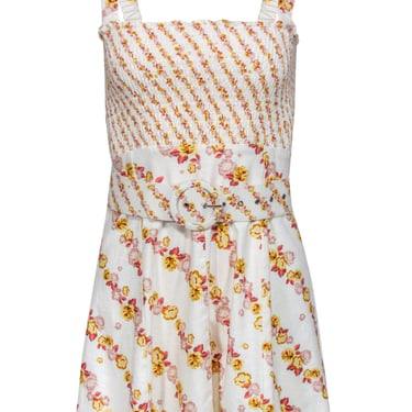 For Love & Lemons - White, Yellow & Pink Floral Print Smocked Belted Fit & Flare Dress Sz XS