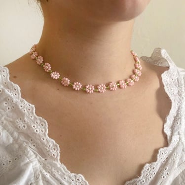 Handmade Baby Pink Glass Bead Floral Necklace 