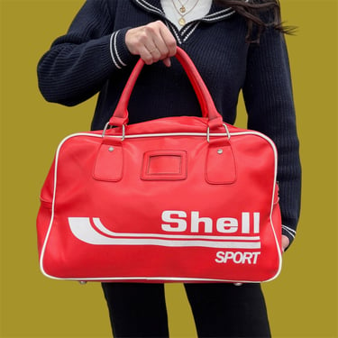 Vintage Shell Oil Sport Duffle Bag Retro 1970s Mid Century Modern + Vinyl + Cherry Red +  Weekender or Overnight Bag + Carry On + Travel 