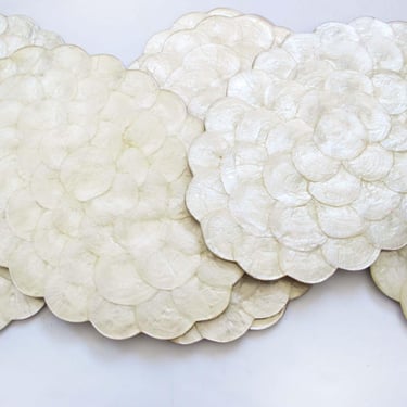 Vintage 80s Capiz Shell Placemats Set of 6 - Large Oval Scallop Pearlescent Shell Mats Cork Back - Glam Boho Home Decor 