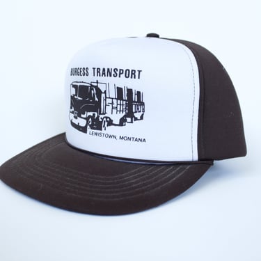 Vintage 80s Trucker Hat - Brown & White Foam - Burgess Lewistown Montana - Semi-Truck Image 