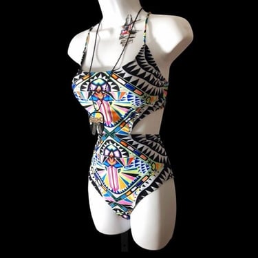 90s graphic monokini swimsuit with cutouts, vintage print bathing suit 