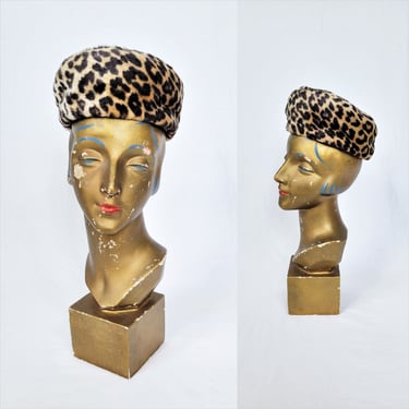1960's Faux Leopard Fur Pill Box Hat I Sz Sm I 20