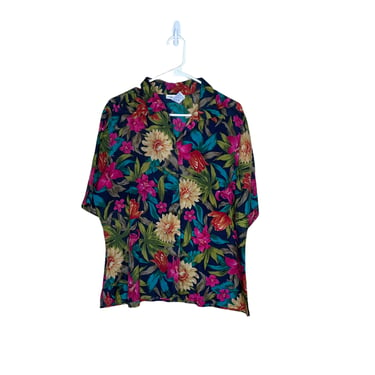 Vintage Anna and Frank Silk Colorful Hawaiian Tropical Blouse, Size XL 