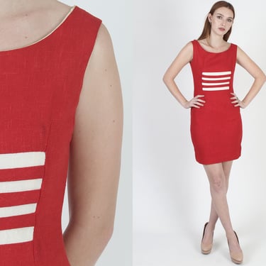 60s Red Geometric ColorBlock Dress, Tight Striped Mod Scooter Dress, Pretty Slim Fitting Wiggle 