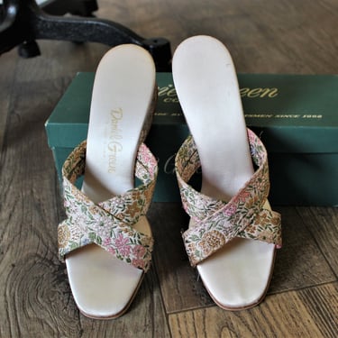 Vintage Daniel Green Pink Asian Damask Mules Shoes sandals slippers NOS  // Modern Size US 6 1/2 to Size 7  (Euro 36 37) 