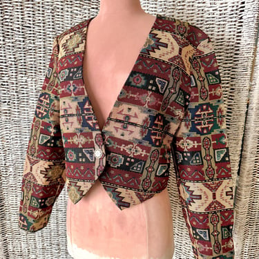 Cropped Blazer, Tribal Ethnic Woven Design, Tapered, Vintage 90s 