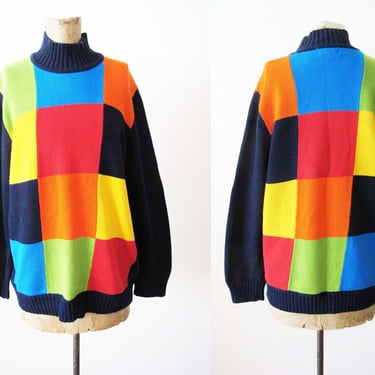 90s 2000s Colorblock Mockneck Sweater S M - Baggy Knit Sweater - Tall Neck Square Grid Patchwork Cozy Jumper 