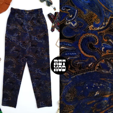 Fabulous Vintage 70s 80s Dark Blue Black & Gold Paisley Velvet Pants 