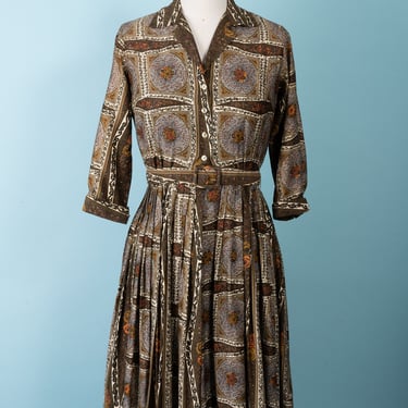 RARE 1950s  Print Day Dress Shirt Dress with Full Pleated Skirt 