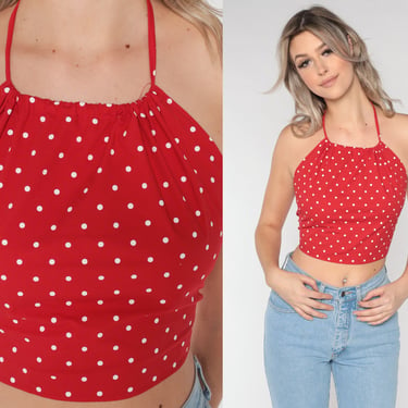 Polka Dot Crop Top 90s Red Halter Top Boho Shirt Hippie Backless Blouse Bohemian Summer Top White Dotted Vintage 1990s Extra Small XS S 