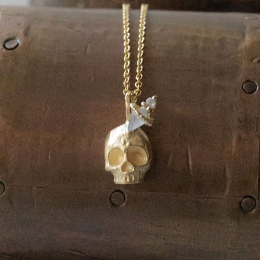 14K Gold Diamond Dagger Skull Pendant Necklace