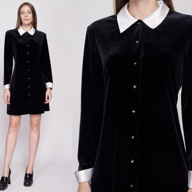 Medium 90s Gothic Wednesday Addams Black Velvet Dress | Vintage Satin Contrast Trim Collared Mini Dress 
