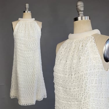 1960s Dress / 1960s White Dress / Mod Dress / 1960s Floral Dress / Casual Wedding Dress / Size Large 