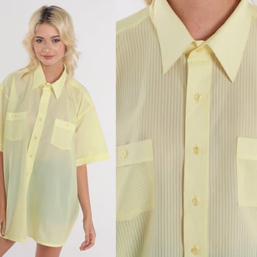 Yellow Shirt 70s Button Up Shirt Semi-Sheer Striped Retro Preppy Collared Top Basic Simple Pastel Plain Short Sleeve Vintage 1970s Mens 2xl 