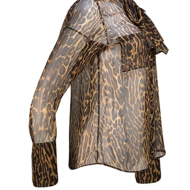 Burberry - Tan & Black Leopard Print Semi Sheer Blouse Sz 8