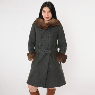 Vintage 60s Wool Pea Coat Fur Collar Mod Peacoat Charcoal Grey Winter Jacket Boho Double Breasted Button Up 1960s Extra Small xs 
