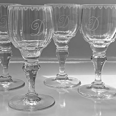 RESERVED FOR KEVIN Vintage Crystal Stemware 4 Small wine glasses Etched Rim & Monogrammed D 