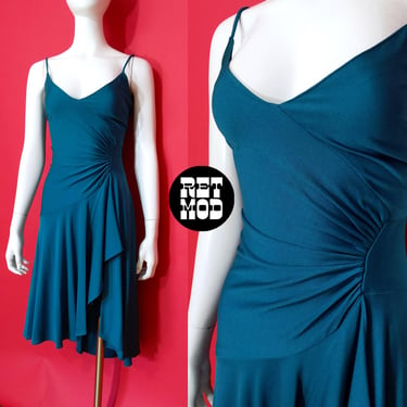 Super Sexy Vintage 70s Teal Satiny Disco Party Dress 