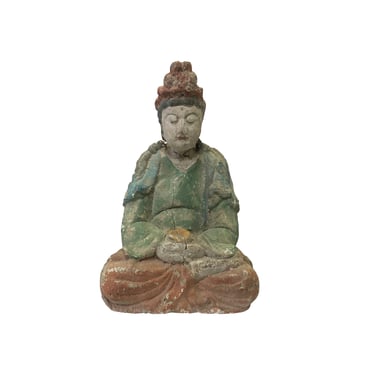 Rustic Wood Sitting Bodhisattva Kwan Yin Green Dress Buddha Statue ws3244E 