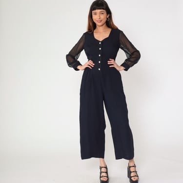 90s Black Wide Leg Jumpsuit Vintage Long Chiffon Sleeve Pantsuit Party Gemstone Button Up Plain Romper Pants 1990s Size 6 Petite Small 