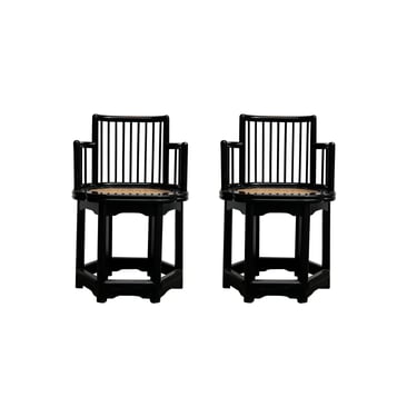 Pair Chinese Black Hexagonal Rattan Seat Elm Wood Armchairs cs7668E 