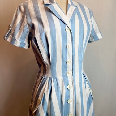 1990’s Baby blue & white wide striped dress ~ bias cut 1940’s style summer weight combed cotton shirt dresses Rabbit rabbit Med-LG 