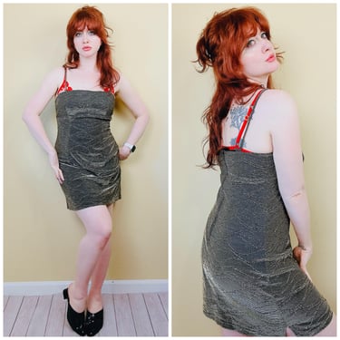 1990s Vintage All That Jazz Gold and Black Mini Dress /  Metallic Textured Body Con Dress / Size Large 