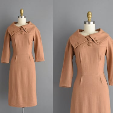 1950s vintage dress | Camel Brown Soft Wool Pencil Skirt Winter Dress | XS Small | 50s dress 
