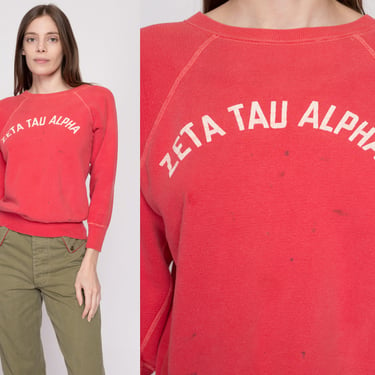 Small 1960s Zeta Tau Alpha Sorority Sweatshirt Petite | Vintage 60s Pink Red Distressed Raglan Sleeve College Crewneck 