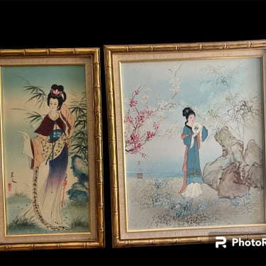 Two beautiful hand painted Asian themed paintings in faux bamboo frames 