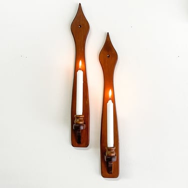 Set of Two 22 Inch Tall Vintage Wood Candleholder Sconces Hanging Wall Hung Wooden Sconce Taper  Candles Danish Scandi Spindle Dark Wood 