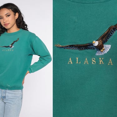 Alaska Eagle Sweatshirt -- 90s Sweatshirt Graphic Sweatshirt Distressed Paint Mark Vintage Retro Green 1990s Wildlife Shirt Medium 
