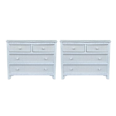 Set of 2 White Wicker Nightstands - Vintage Henry Link Coastal Rattan Boho Chic Hollywood Regency Dresser Chests Pair with Glass Table Tops 