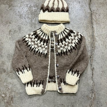 Vintage 1960s 1970s Brown Wool Knit Scandinavian Fair Isle Cardigan Sweater + Hat Kid’s Large? 
