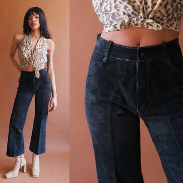 Vintage 70s Black Suede Flared Pants/ 1970s High Waisted Contrast Stitch Pants/ Size Small 27 