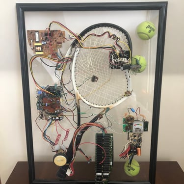 Vintage postmodern 1980s Assemblage art tennis racket ball animatronics wall sculpture 