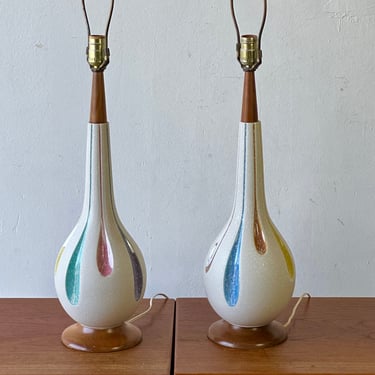 Stunning Pair of American Mid-Century Multi-Colored Porcelain Table Lamp 