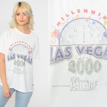 Vintage Las Vegas 2000 Shirt Y2K Millennium New Years Day T-Shirt Nevada Palace TShirt Distressed Graphic Tee 2000s NYE T-Shirt 00s Medium 